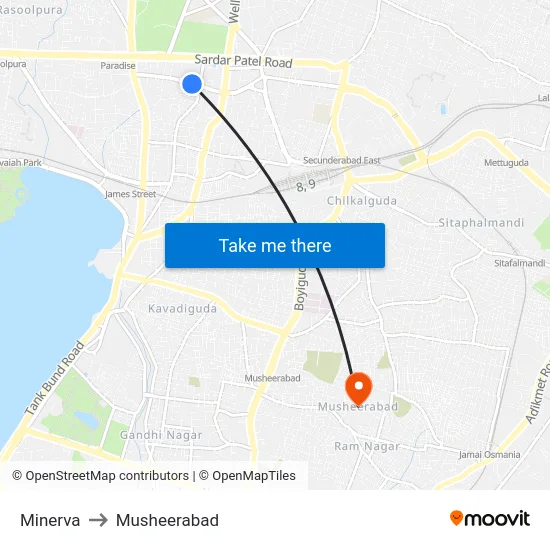 Minerva to Musheerabad map