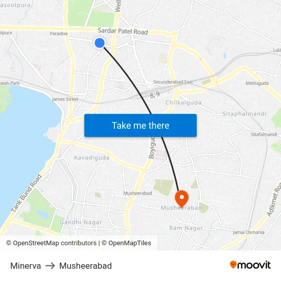 Minerva to Musheerabad map