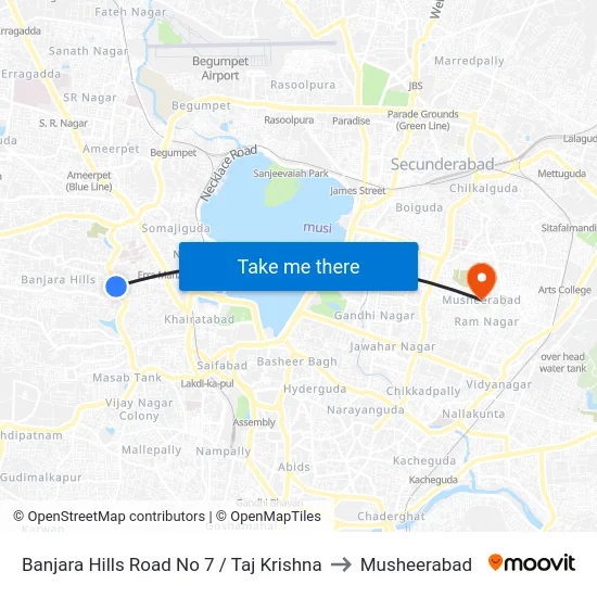 Banjara Hills Road No 7 / Taj Krishna to Musheerabad map