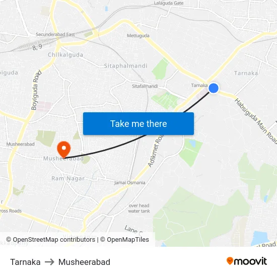 Tarnaka to Musheerabad map