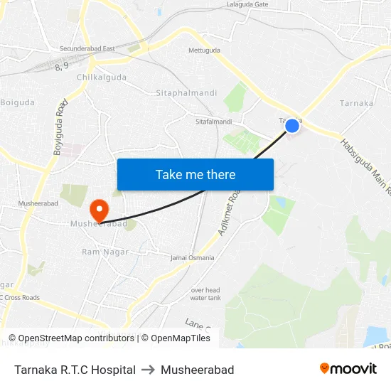 Tarnaka R.T.C Hospital to Musheerabad map