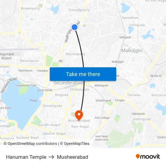 Hanuman Temple to Musheerabad map