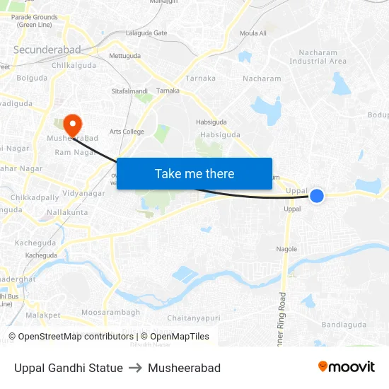 Uppal Gandhi Statue to Musheerabad map