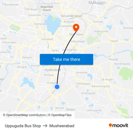 Uppuguda Bus Stop to Musheerabad map