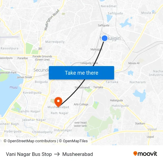 Vani Nagar Bus Stop to Musheerabad map