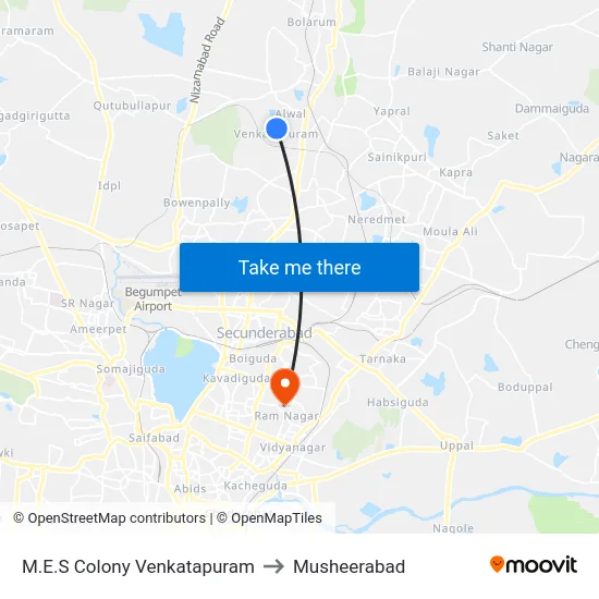M.E.S Colony Venkatapuram to Musheerabad map