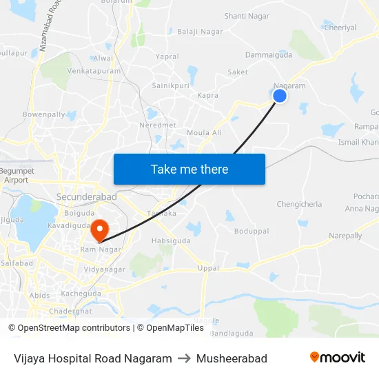 Vijaya Hospital Road Nagaram to Musheerabad map