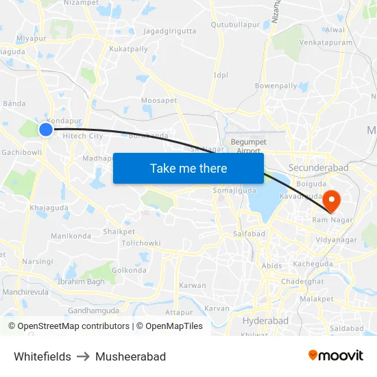 Whitefields to Musheerabad map