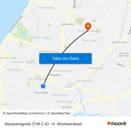 Narayanaguda (Y.M.C.A) to Musheerabad map