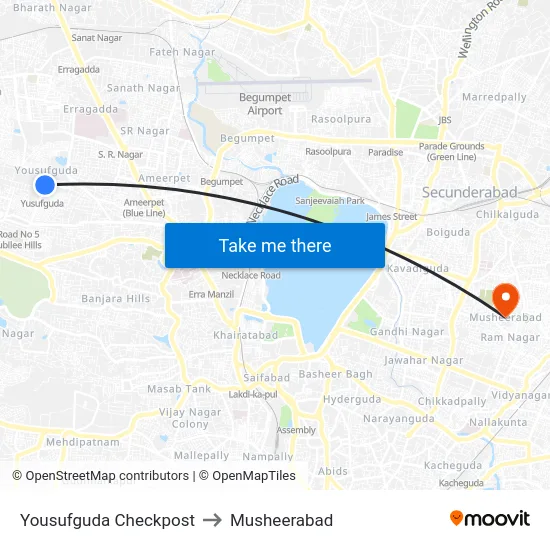 Yousufguda Checkpost to Musheerabad map