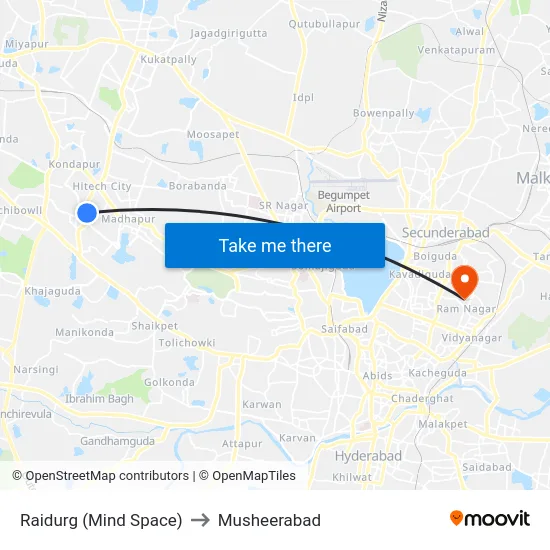 Raidurg (Mind Space) to Musheerabad map