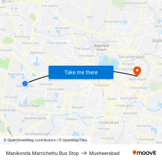 Manikonda Marrichettu Bus Stop to Musheerabad map