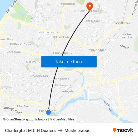 Chaderghat M.C.H Quaters to Musheerabad map