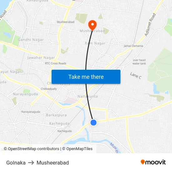 Golnaka to Musheerabad map