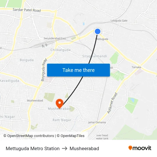 Mettuguda Metro Station to Musheerabad map