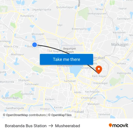 Borabanda Bus Station to Musheerabad map