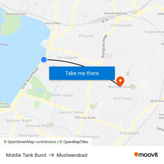 Middle Tank Bund to Musheerabad map