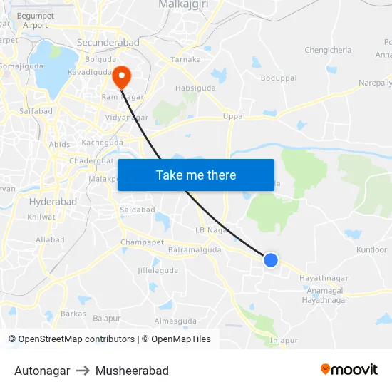 Autonagar to Musheerabad map