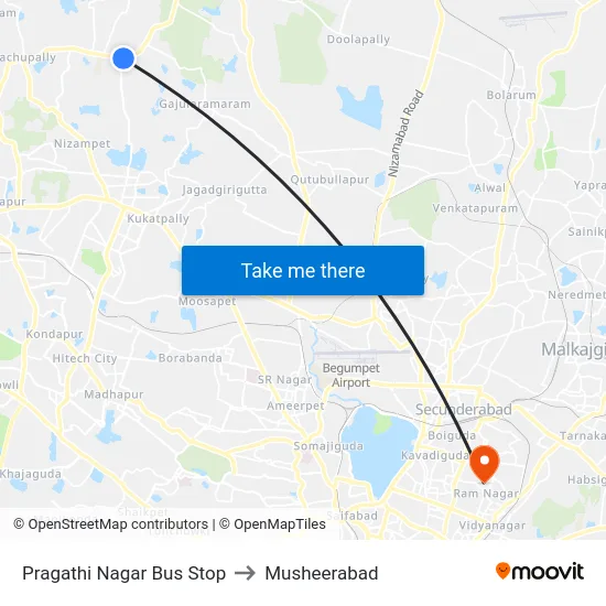 Pragathi Nagar Bus Stop to Musheerabad map