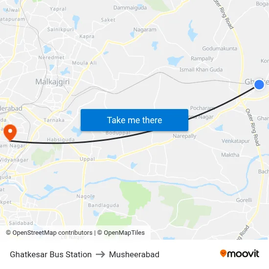 Ghatkesar Bus Station to Musheerabad map