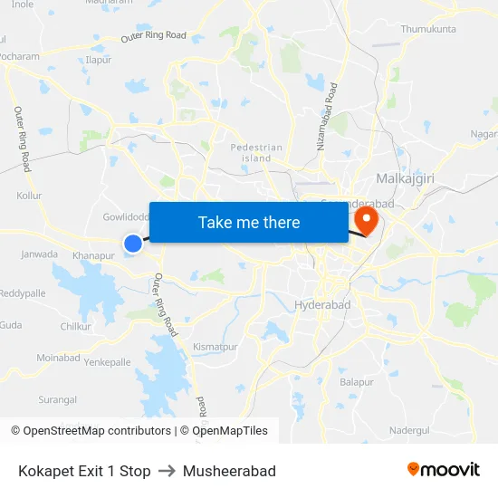 Kokapet Exit 1 Stop to Musheerabad map