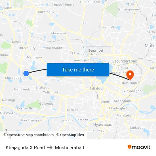 Khajaguda X Road to Musheerabad map