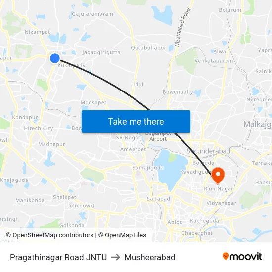 Pragathinagar Road JNTU to Musheerabad map
