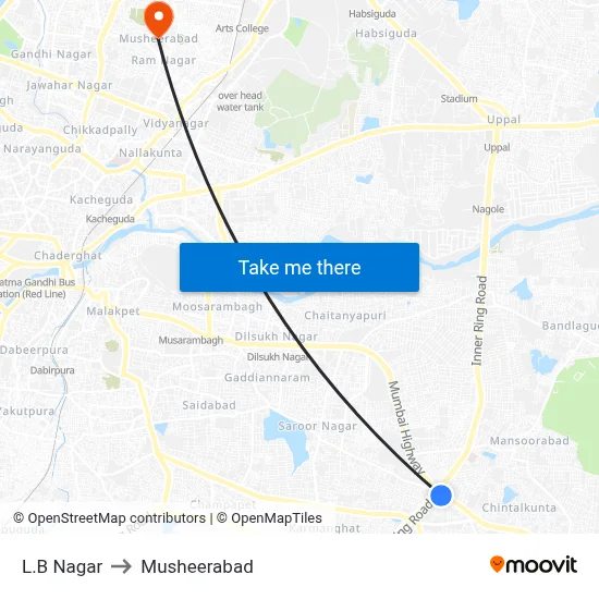 L.B Nagar to Musheerabad map
