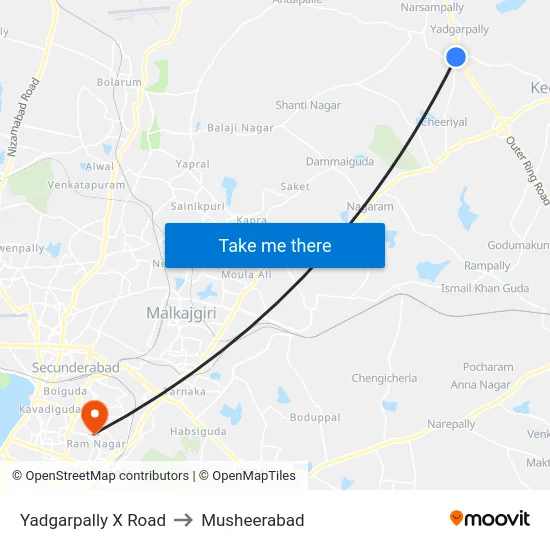 Yadgarpally X Road to Musheerabad map