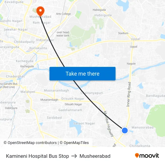 Kamineni Hospital Bus Stop to Musheerabad map