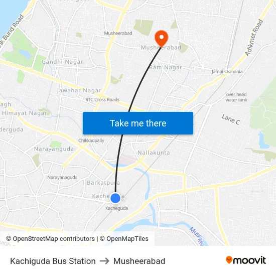 Kachiguda Bus Station to Musheerabad map