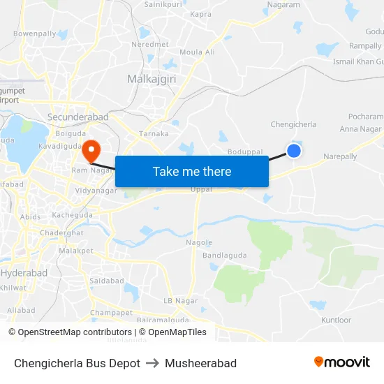 Chengicherla Bus Depot to Musheerabad map