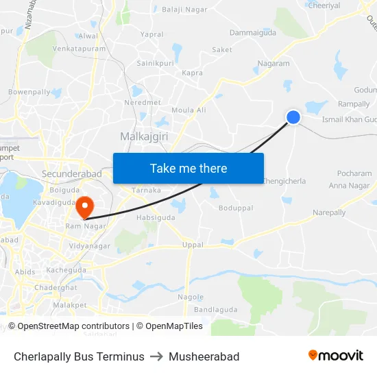 Cherlapally Bus Terminus to Musheerabad map