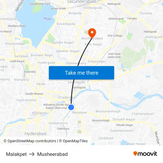 Malakpet to Musheerabad map