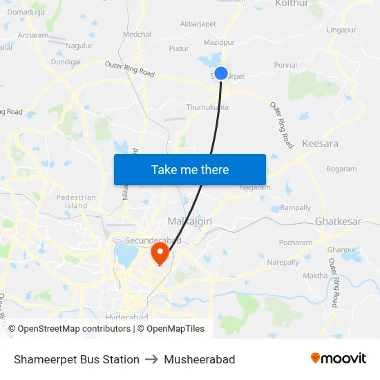 Shameerpet Bus Station to Musheerabad map