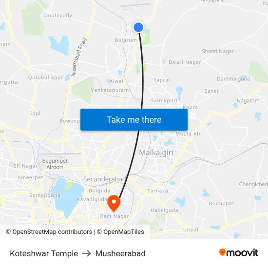 Koteshwar Temple to Musheerabad map