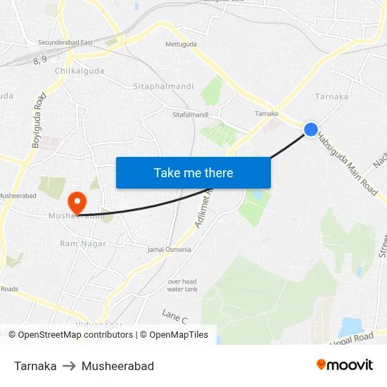 Tarnaka to Musheerabad map