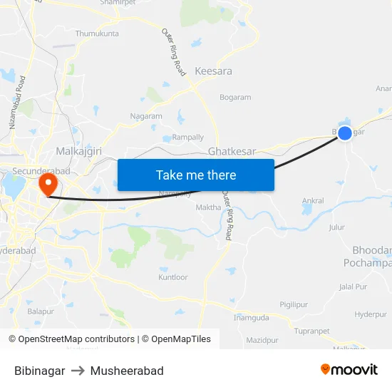 Bibinagar to Musheerabad map