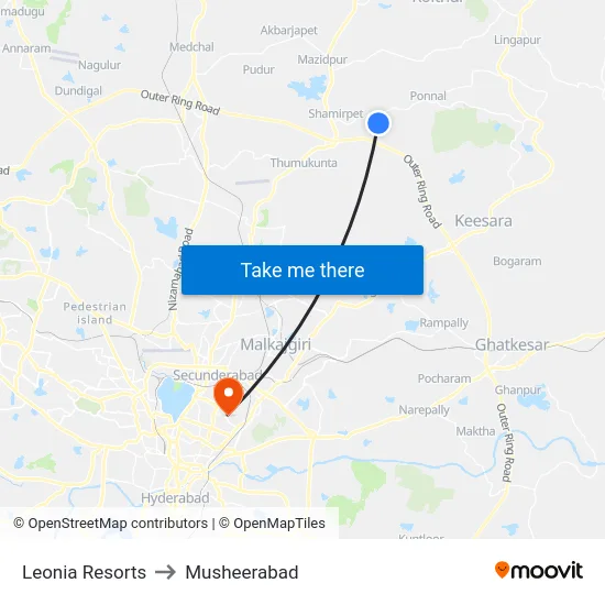 Leonia Resorts to Musheerabad map