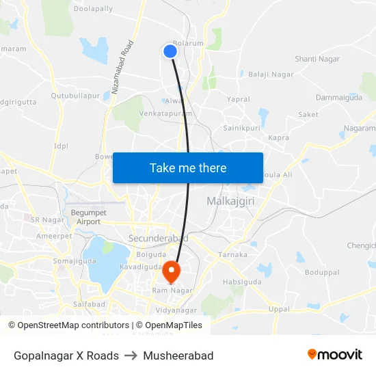 Gopalnagar X Roads to Musheerabad map