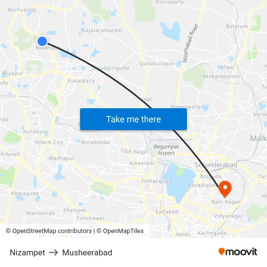 Nizampet to Musheerabad map