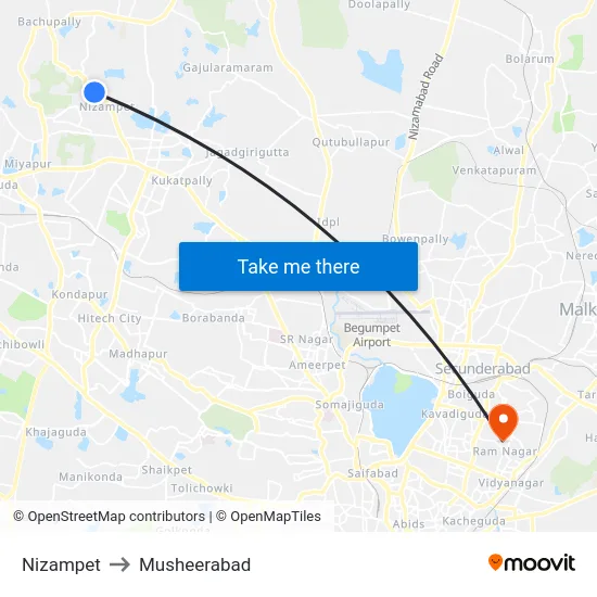 Nizampet to Musheerabad map
