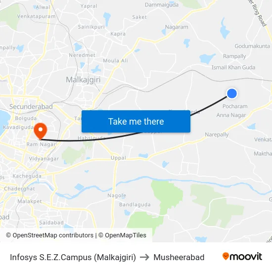 Infosys S.E.Z.Campus (Malkajgiri) to Musheerabad map