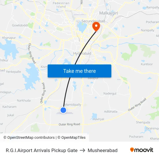 R.G.I.Airport Arrivals Pickup Gate to Musheerabad map
