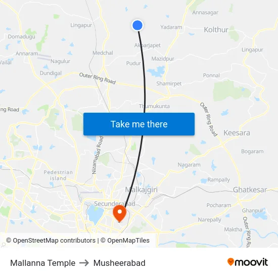 Mallanna Temple to Musheerabad map