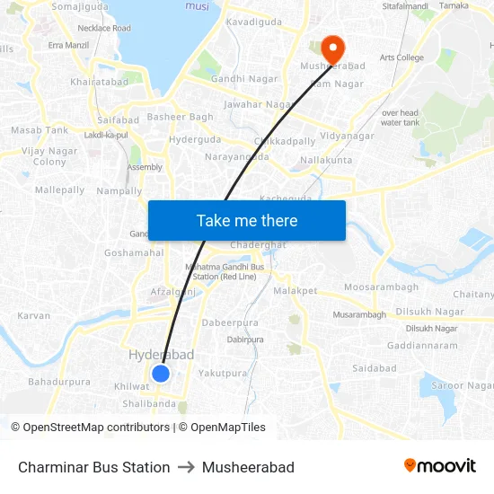 Charminar Bus Station to Musheerabad map