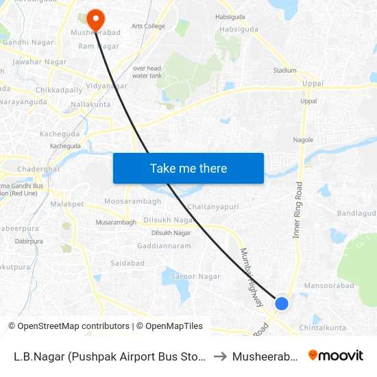 L.B.Nagar (Pushpak Airport Bus Stop) to Musheerabad map