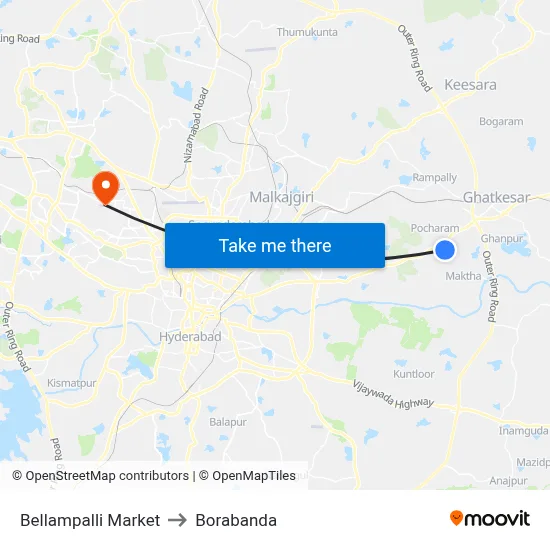 Bellampalli Market to Borabanda map