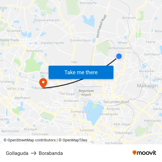 Gollaguda to Borabanda map