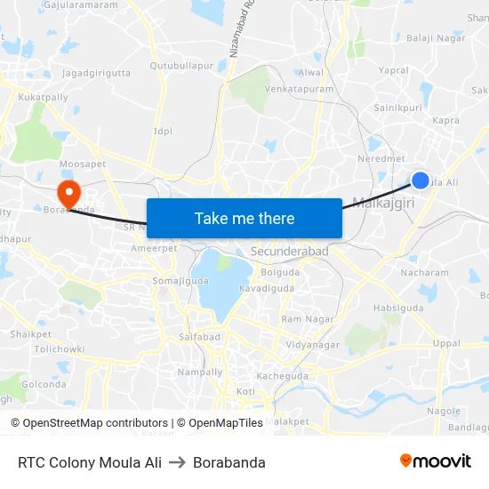 RTC Colony Moula Ali to Borabanda map